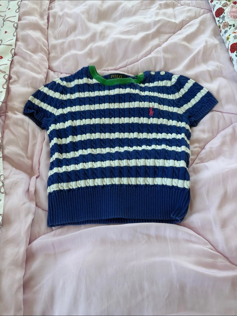 Ralph Lauren Blue & White Striped Knit Tee with Green Neck Trim